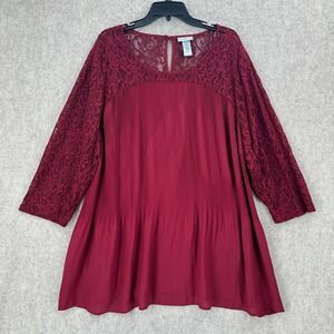 Catherines Plus Size 2X Wine Red Lace Pleated‎ Blouse Top Crinkle 22/24W Career